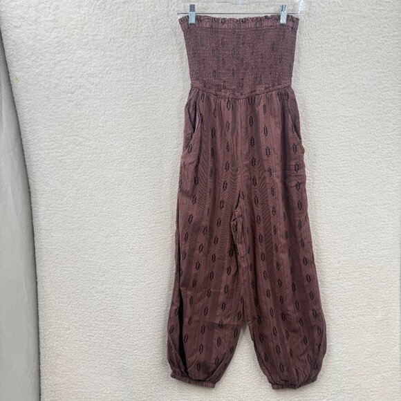 Anthropologie Balloon-Leg Strapless Jumpsuit Brown black size XS Smoke front - Picture 1 of 9